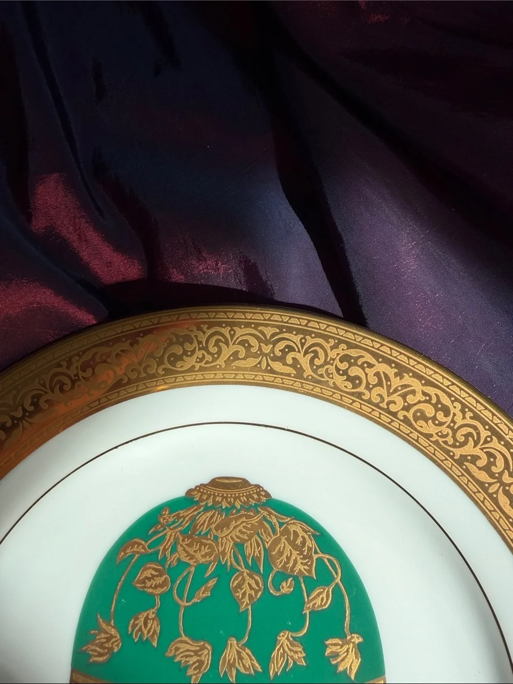 Gold Trim White Porcelain Faberge Egg Accent Plate with Green Floral Medallion